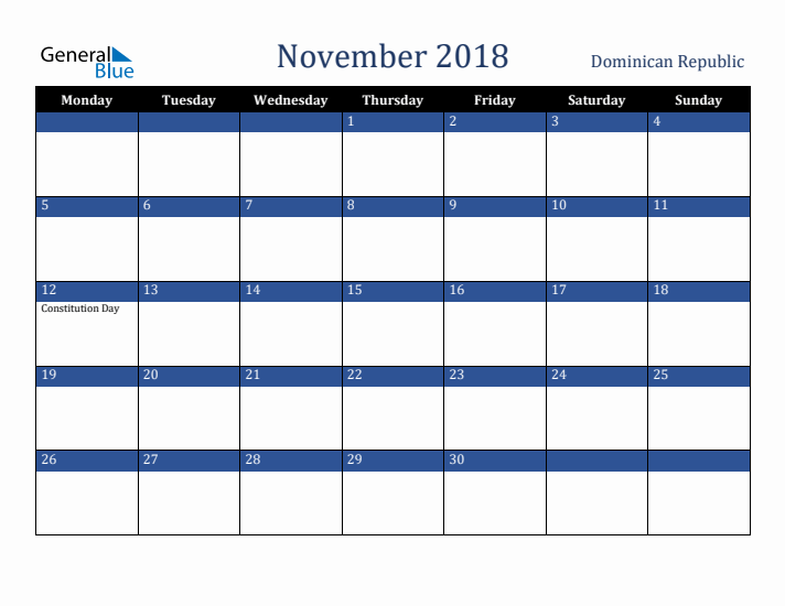November 2018 Dominican Republic Calendar (Monday Start)
