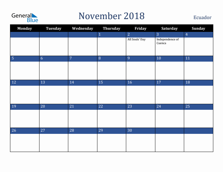 November 2018 Ecuador Calendar (Monday Start)