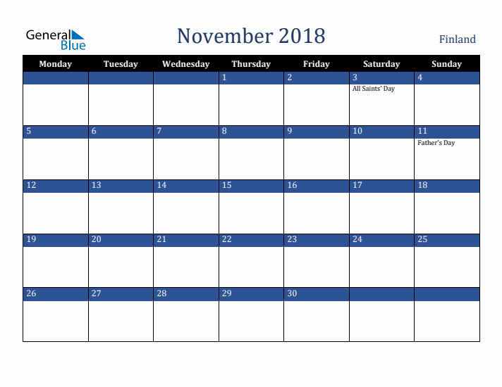 November 2018 Finland Calendar (Monday Start)