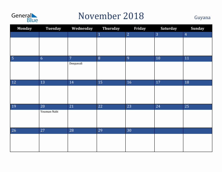 November 2018 Guyana Calendar (Monday Start)
