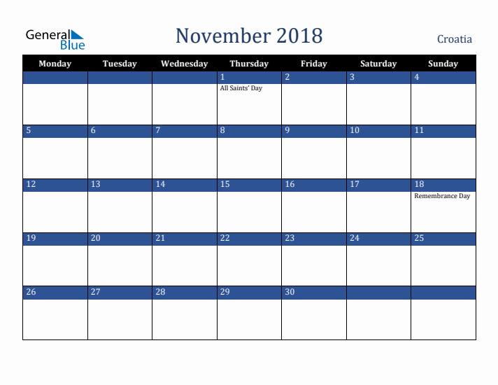 November 2018 Croatia Calendar (Monday Start)