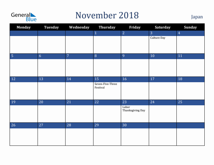 November 2018 Japan Calendar (Monday Start)