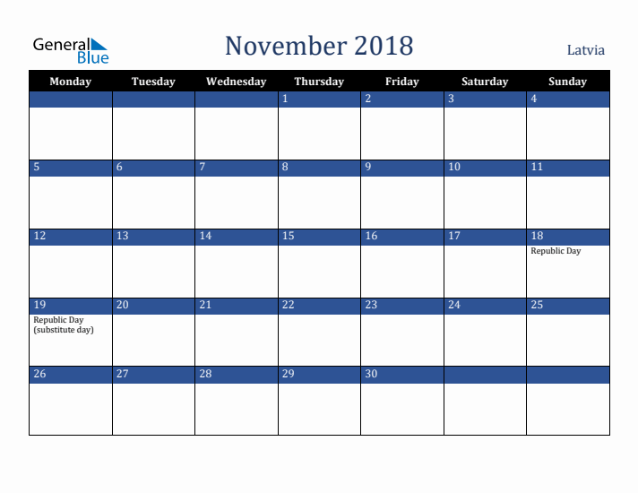 November 2018 Latvia Calendar (Monday Start)