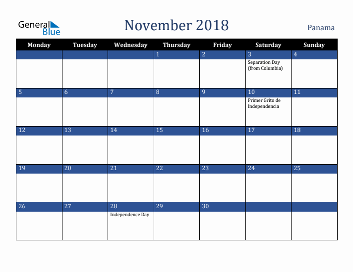November 2018 Panama Calendar (Monday Start)