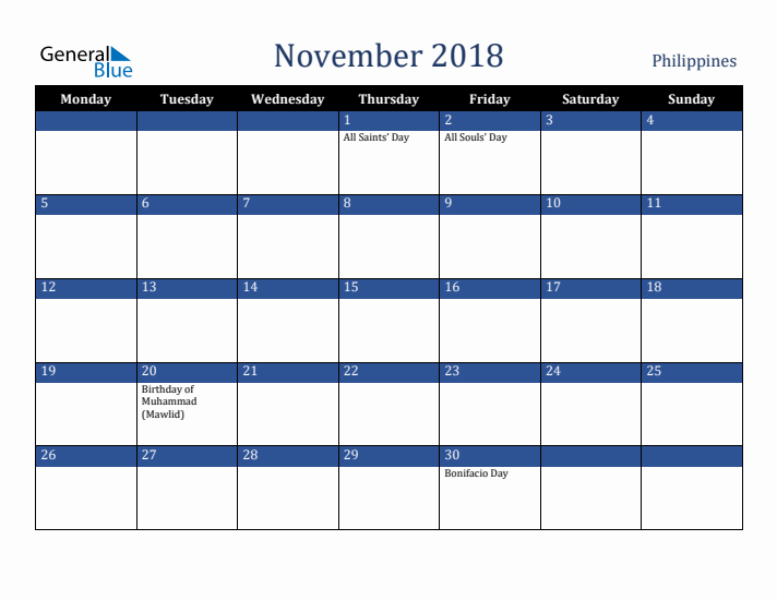 November 2018 Philippines Calendar (Monday Start)