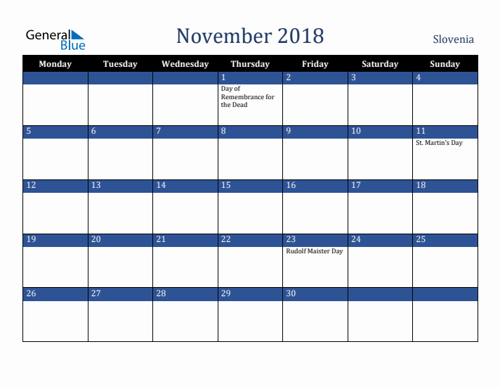 November 2018 Slovenia Calendar (Monday Start)
