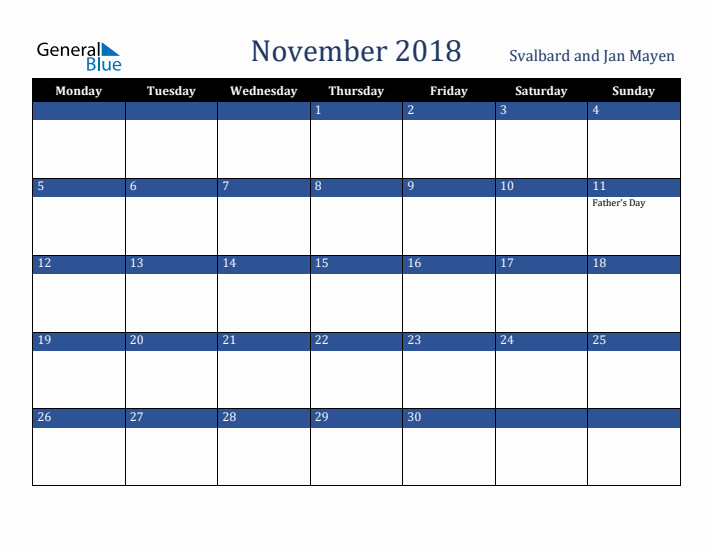 November 2018 Svalbard and Jan Mayen Calendar (Monday Start)