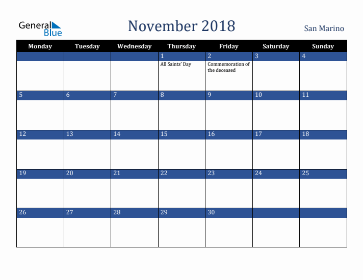 November 2018 San Marino Calendar (Monday Start)