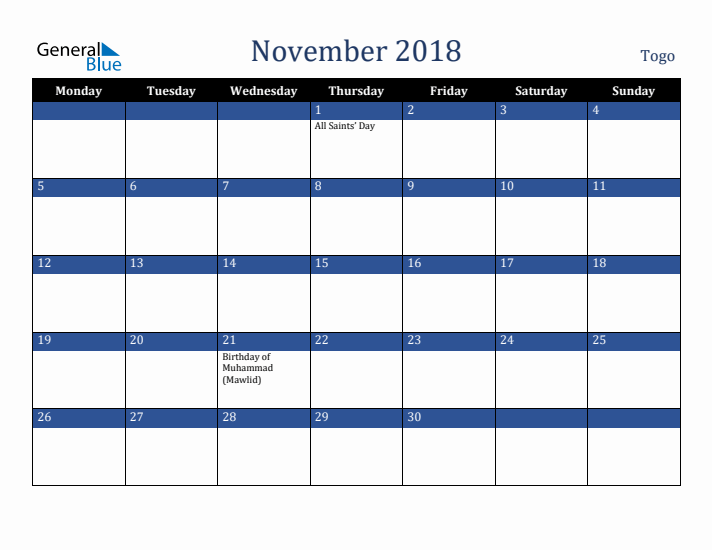 November 2018 Togo Calendar (Monday Start)