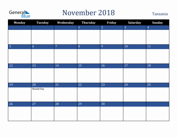 November 2018 Tanzania Calendar (Monday Start)