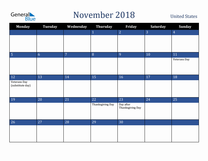 November 2018 United States Calendar (Monday Start)
