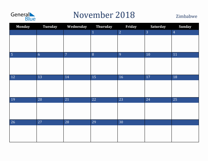 November 2018 Zimbabwe Calendar (Monday Start)