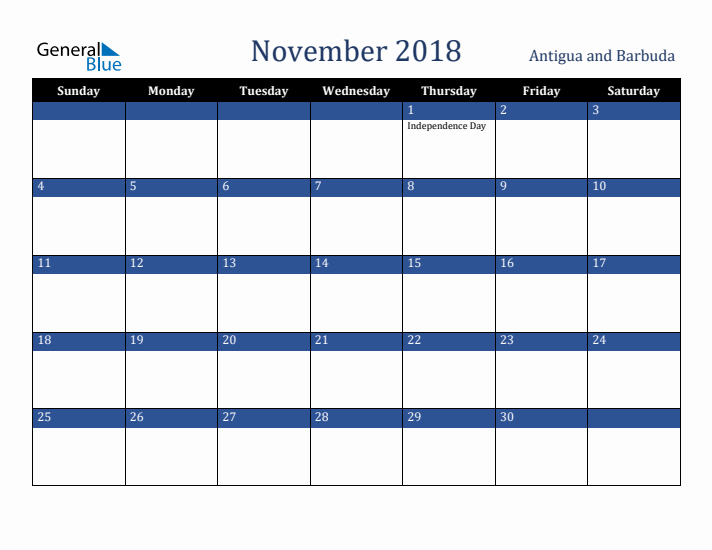 November 2018 Antigua and Barbuda Calendar (Sunday Start)