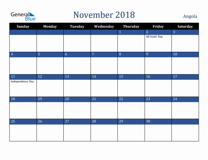 November 2018 Angola Calendar (Sunday Start)