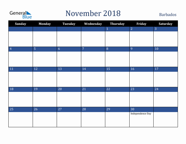 November 2018 Barbados Calendar (Sunday Start)