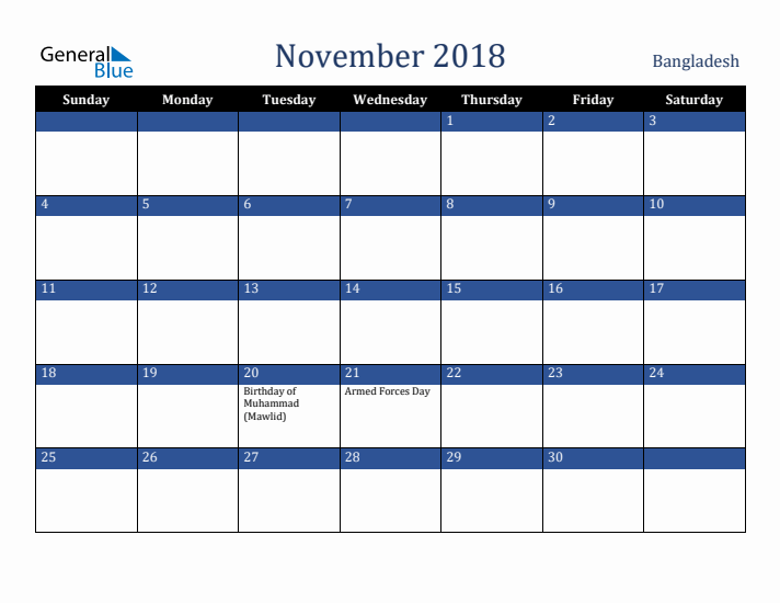 November 2018 Bangladesh Calendar (Sunday Start)
