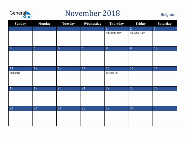 November 2018 Belgium Calendar (Sunday Start)