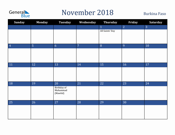 November 2018 Burkina Faso Calendar (Sunday Start)