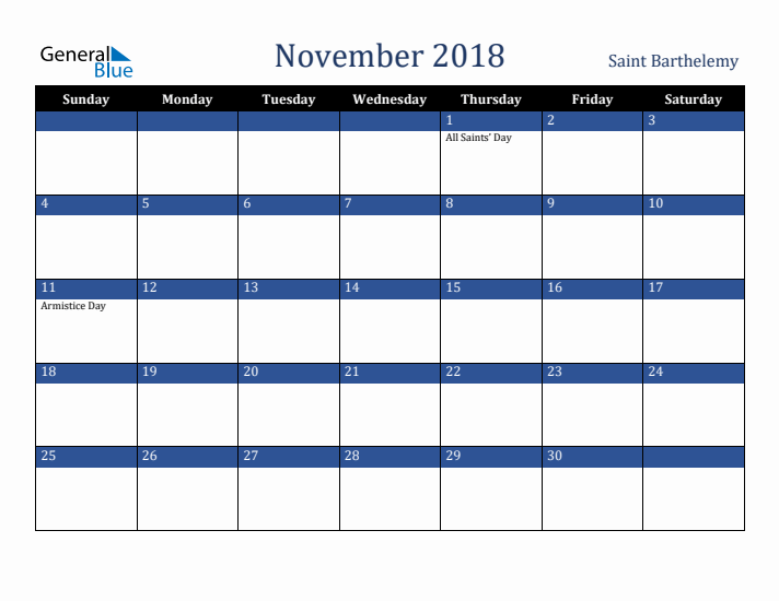 November 2018 Saint Barthelemy Calendar (Sunday Start)