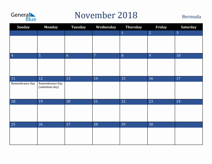 November 2018 Bermuda Calendar (Sunday Start)