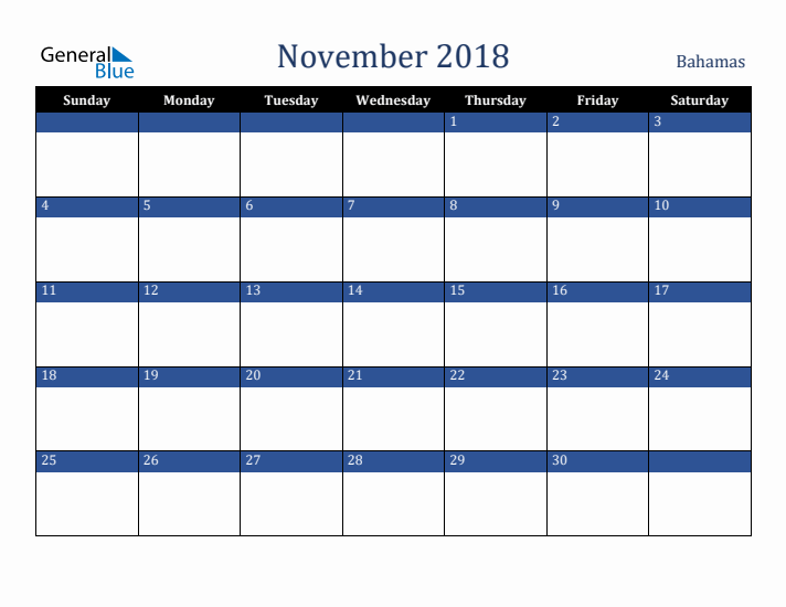 November 2018 Bahamas Calendar (Sunday Start)