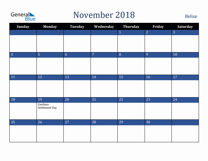 November 2018 Belize Calendar (Sunday Start)