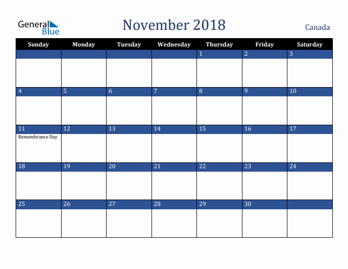 November 2018 Canada Calendar (Sunday Start)