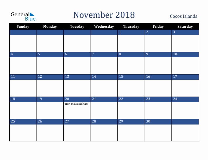 November 2018 Cocos Islands Calendar (Sunday Start)