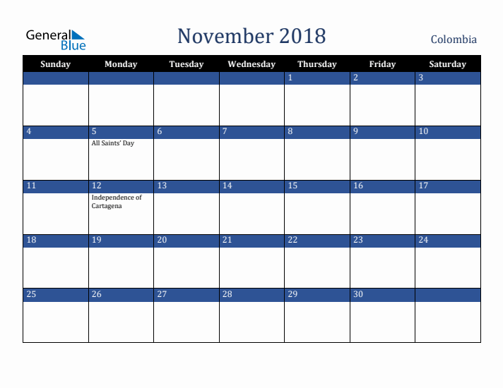 November 2018 Colombia Calendar (Sunday Start)