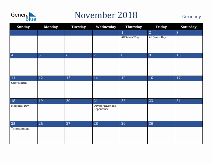 November 2018 Germany Calendar (Sunday Start)