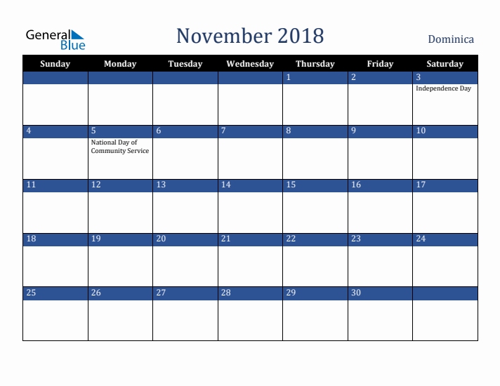 November 2018 Dominica Calendar (Sunday Start)