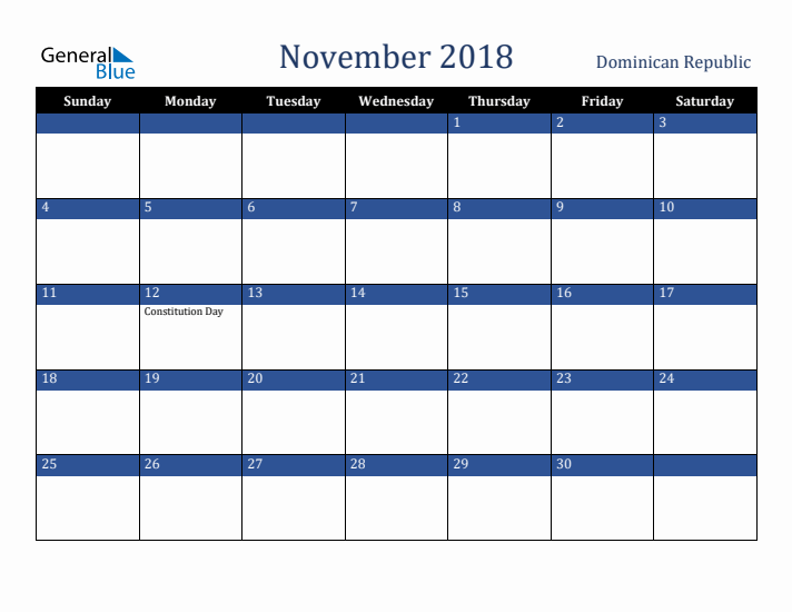 November 2018 Dominican Republic Calendar (Sunday Start)