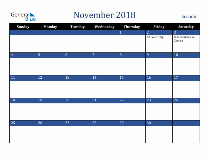 November 2018 Ecuador Calendar (Sunday Start)