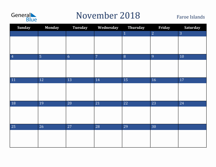 November 2018 Faroe Islands Calendar (Sunday Start)