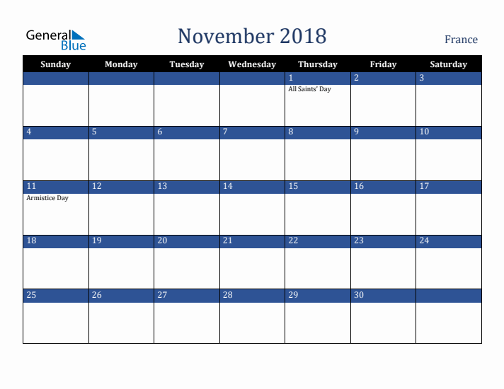 November 2018 France Calendar (Sunday Start)