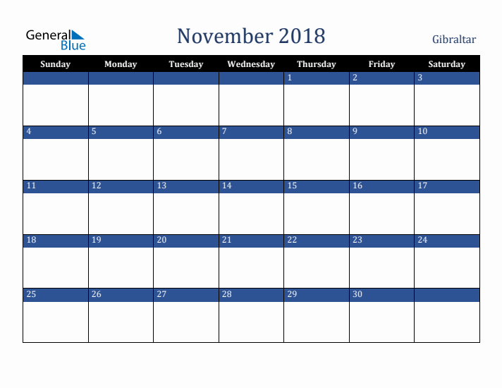 November 2018 Gibraltar Calendar (Sunday Start)
