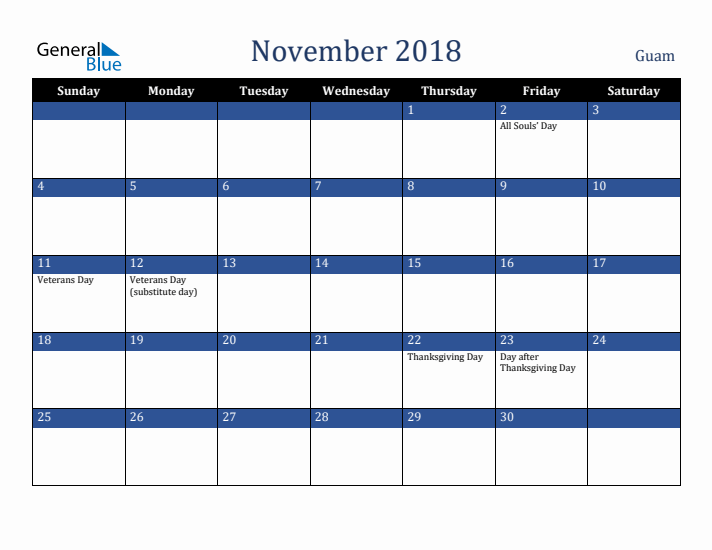 November 2018 Guam Calendar (Sunday Start)