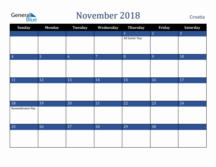 November 2018 Croatia Calendar (Sunday Start)