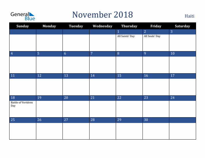 November 2018 Haiti Calendar (Sunday Start)