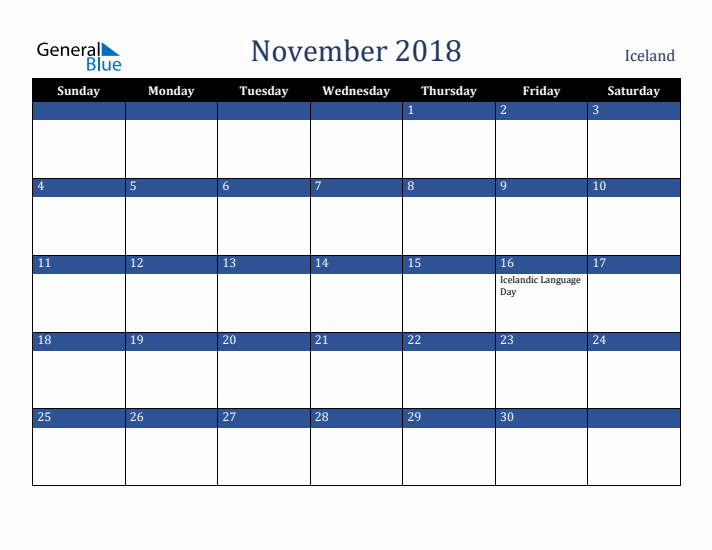 November 2018 Iceland Calendar (Sunday Start)