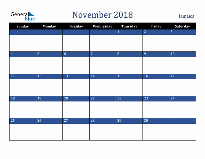 November 2018 Jamaica Calendar (Sunday Start)