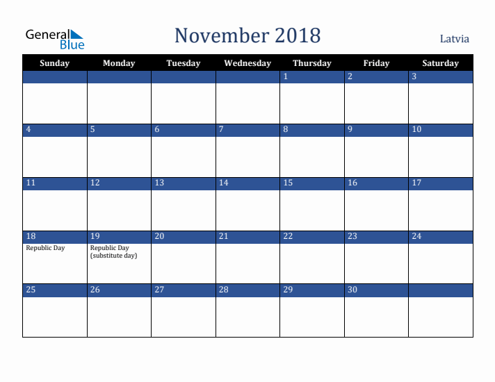 November 2018 Latvia Calendar (Sunday Start)