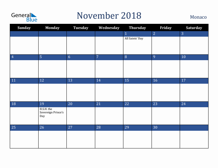November 2018 Monaco Calendar (Sunday Start)