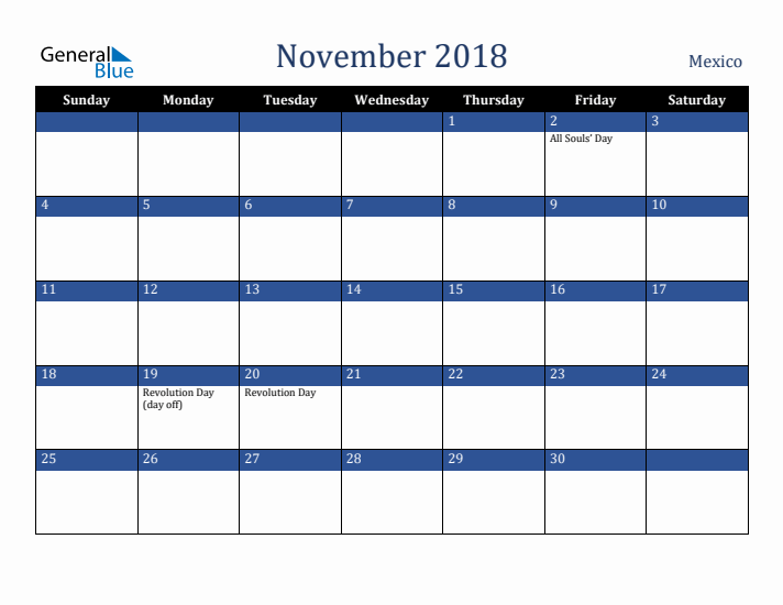 November 2018 Mexico Calendar (Sunday Start)
