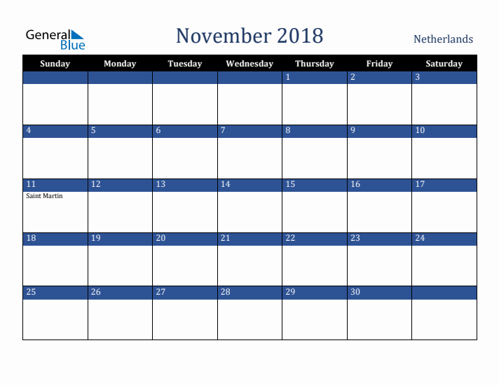 November 2018 The Netherlands Calendar (Sunday Start)