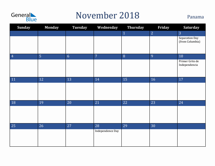 November 2018 Panama Calendar (Sunday Start)