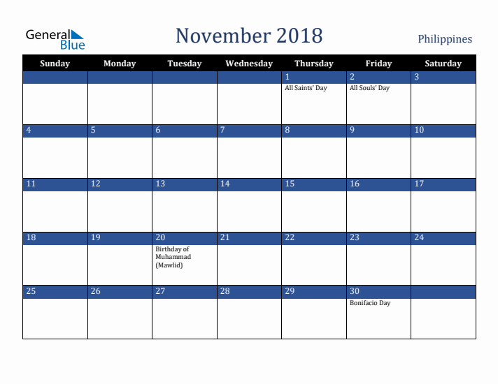 November 2018 Philippines Calendar (Sunday Start)