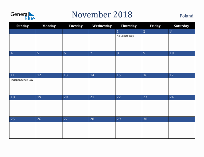 November 2018 Poland Calendar (Sunday Start)
