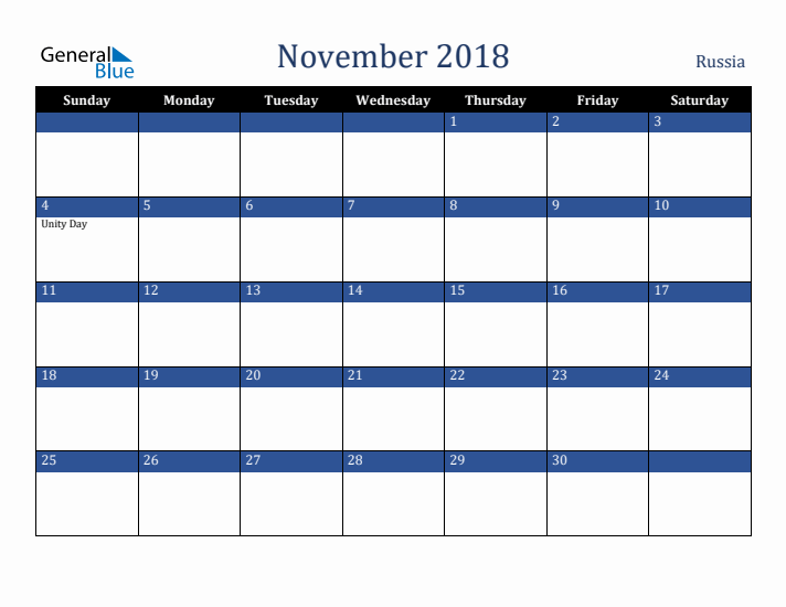 November 2018 Russia Calendar (Sunday Start)