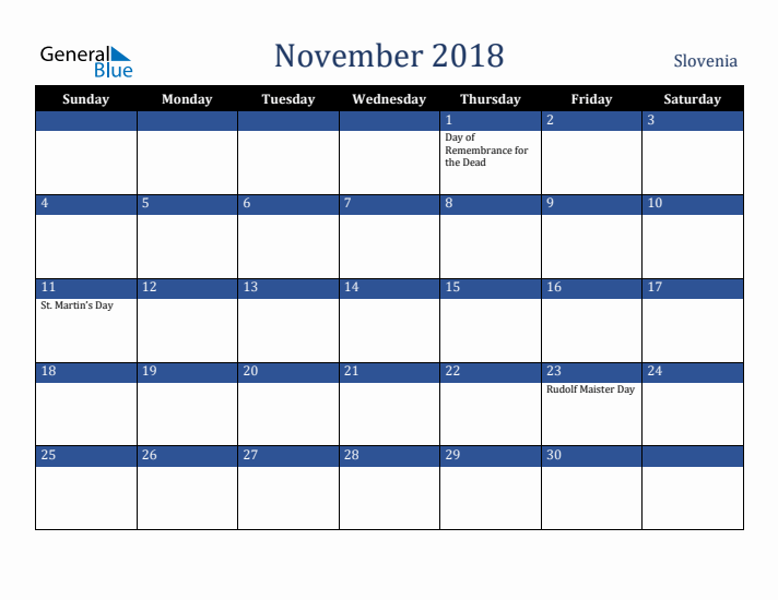 November 2018 Slovenia Calendar (Sunday Start)